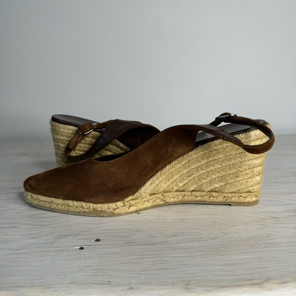 Castaner Chocolate Brown Suede Pointed Toe Sling-back Minimalist Resort Wedges - Picture 6 of 10